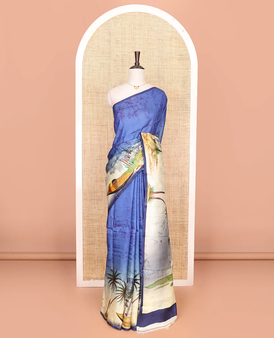Blue island theme motifs batik printed saree features coconut trees, sea shore and boat motifs - Image 3