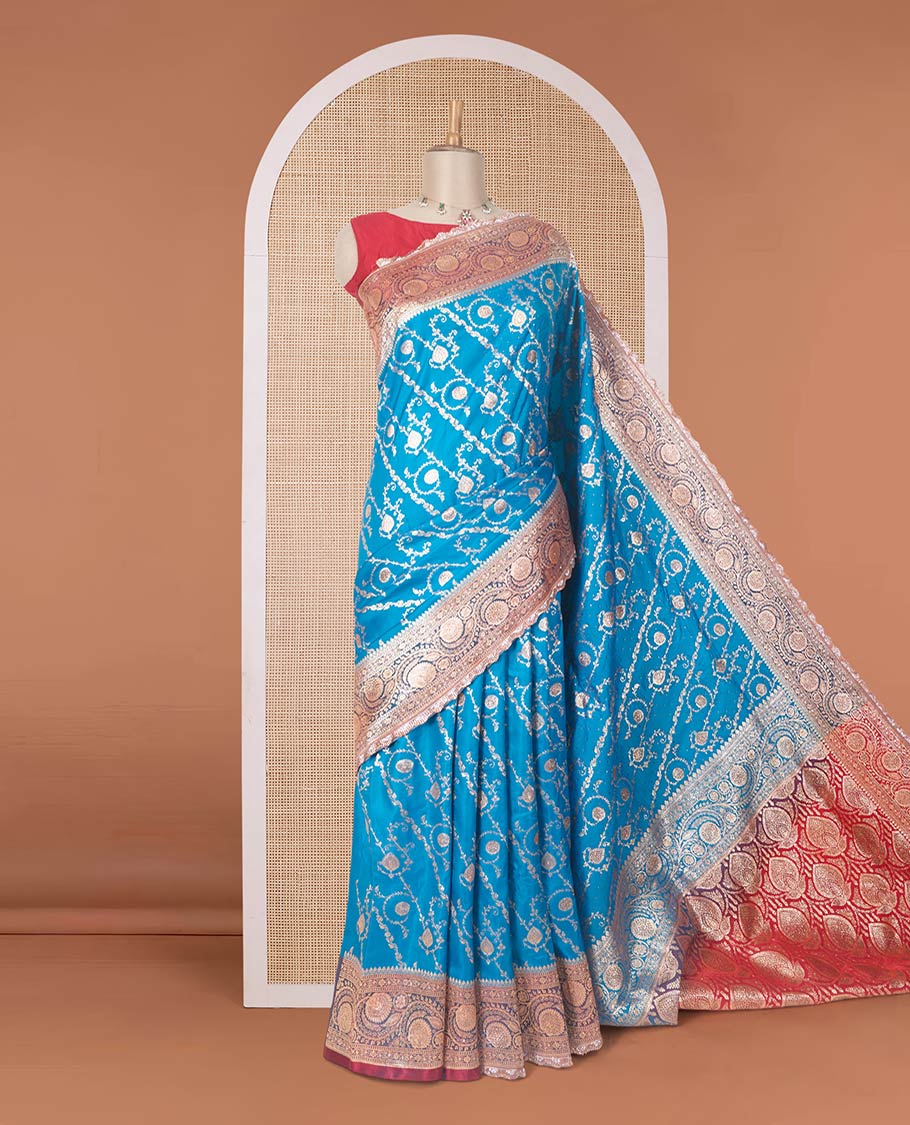 Blue jacquard with micro stonework banaras nylon silk saree, contrast floral creeper zari and stonework border, and intricately zari woven pallu - Image 2