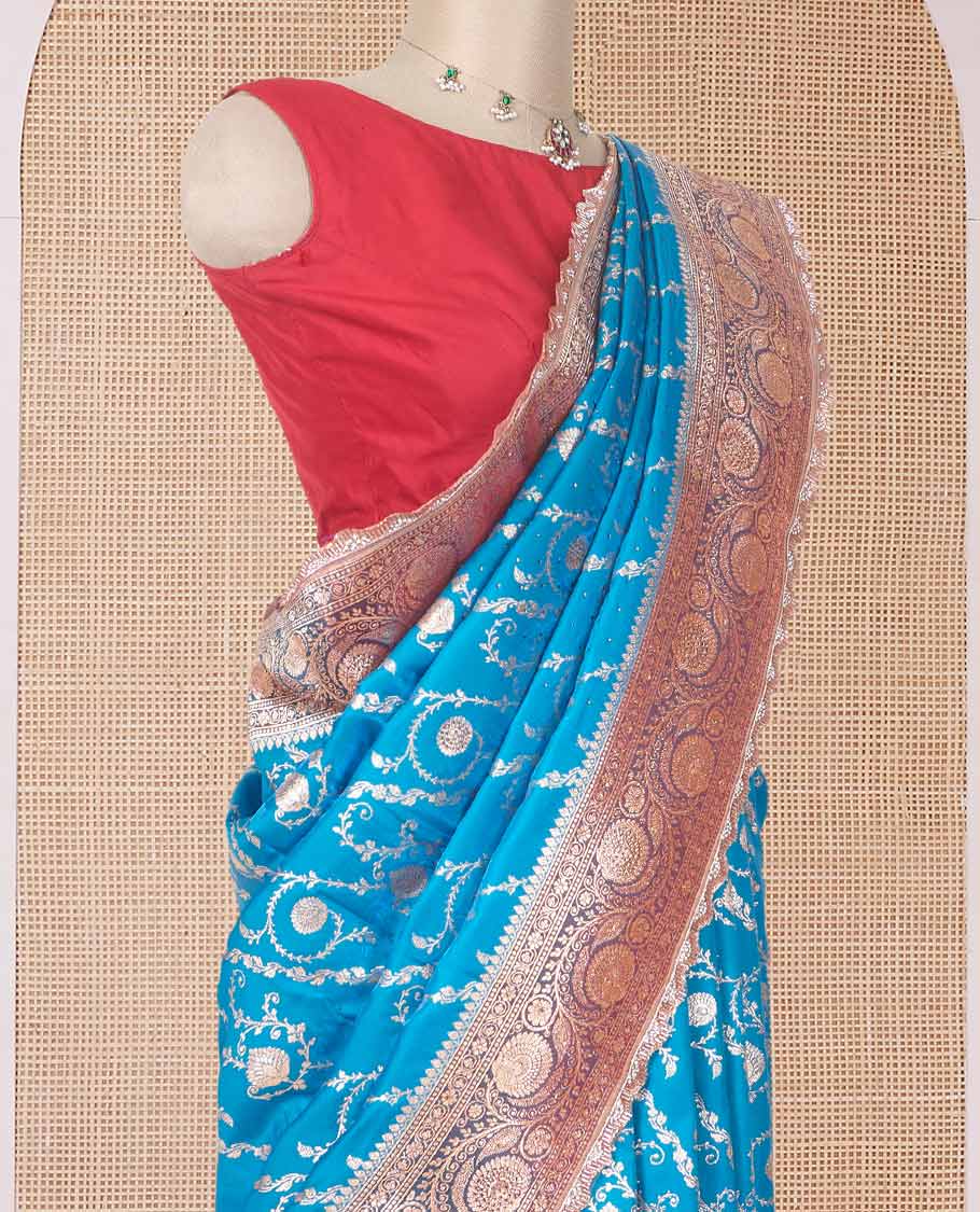 Blue jacquard with micro stonework banaras nylon silk saree, contrast floral creeper zari and stonework border, and intricately zari woven pallu - Image 3