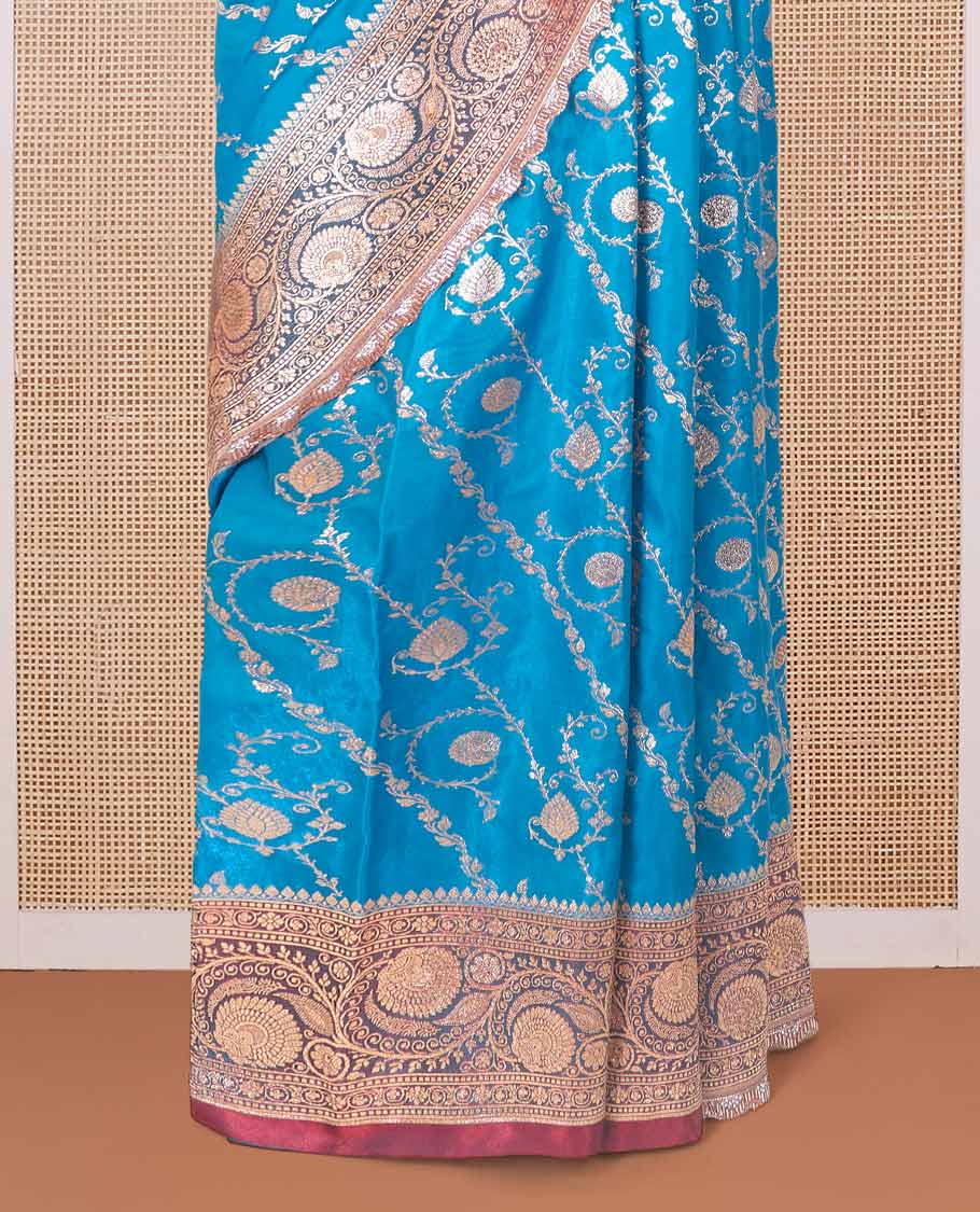 Blue jacquard with micro stonework banaras nylon silk saree, contrast floral creeper zari and stonework border, and intricately zari woven pallu - Image 4