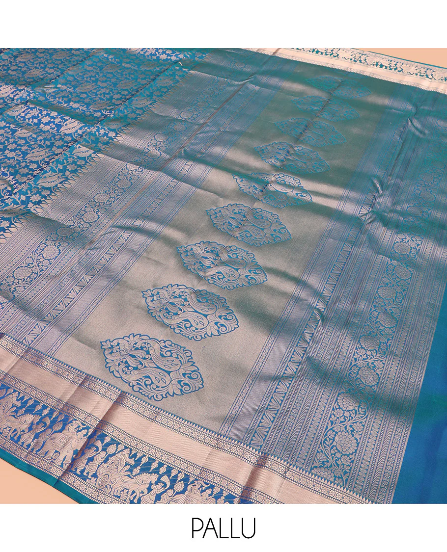 Blue Kanchipuram Silk Saree Elegantly Framed with Jacquard Design, Highlighted by Zari Border of Rekku, Muthu, Kamalam, and Prince in Palanquin Designs, Beautifully Bedecked Pallu, and Paired with a Matching Blouse - Image 5