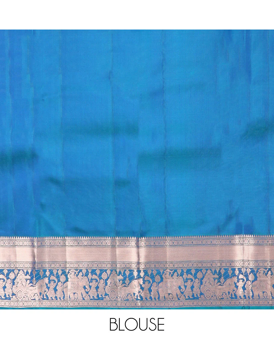 Blue Kanchipuram Silk Saree Elegantly Framed with Jacquard Design, Highlighted by Zari Border of Rekku, Muthu, Kamalam, and Prince in Palanquin Designs, Beautifully Bedecked Pallu, and Paired with a Matching Blouse - Image 6