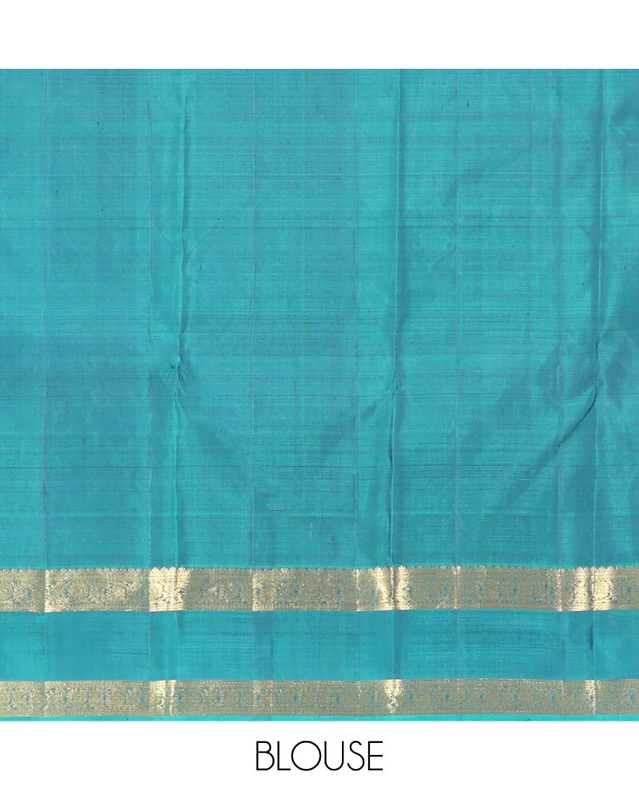 Blue Kanchipuram Silk Saree Elegantly Woven with Zari Buttas, Complemented by a Contrast Rettai Pettu Border Depicting Kodi Visiry Designs, Pallu Adorned with Intricate Designs, and Paired with a Contrast Blouse - Image 6
