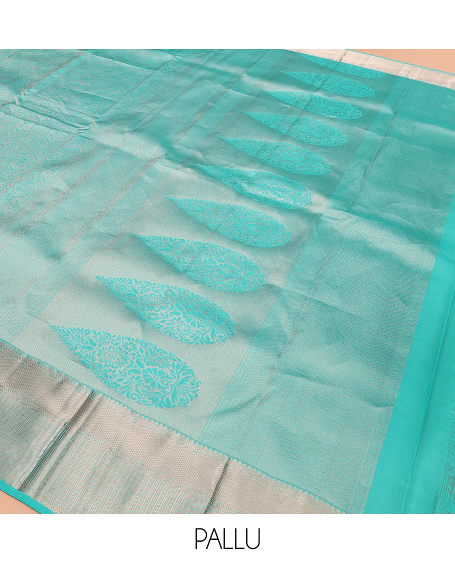 Blue Kanchipuram Wedding Silk Saree Subtly Sparkled with Jacquard Designs, Highlighted with Zari Border of Thilakam Mokku, Banaras, and Mayil Kann Designs, Grandly Zari Woven Pallu, and Paired with a Matching Blouse - Image 5
