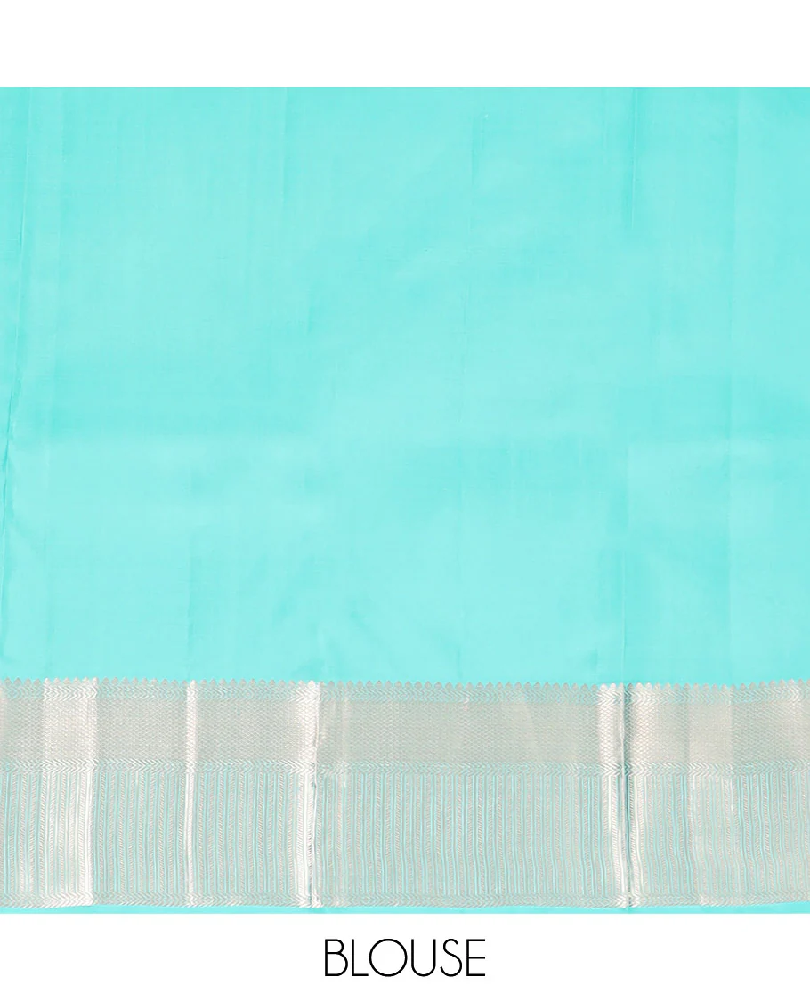 Blue Kanchipuram Wedding Silk Saree Subtly Sparkled with Jacquard Designs, Highlighted with Zari Border of Thilakam Mokku, Banaras, and Mayil Kann Designs, Grandly Zari Woven Pallu, and Paired with a Matching Blouse - Image 6