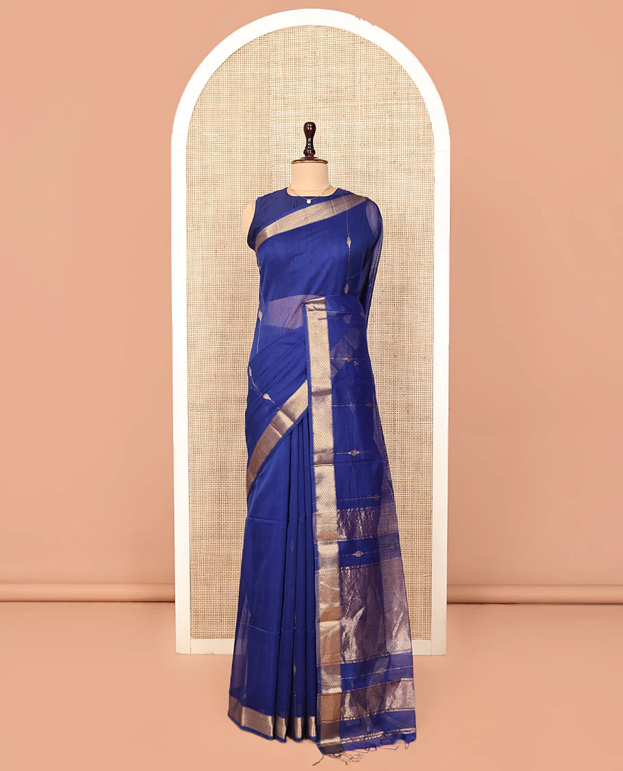 Blue Maheshwari Cotton Saree, Enthralled with Zari Stripes All Over Its Body, Highlighted by a Zari Border of Jaal Motifs, Pallu Steeped with Gleaming Zari Designs, and Paired with a Matching Blouse - Image 3