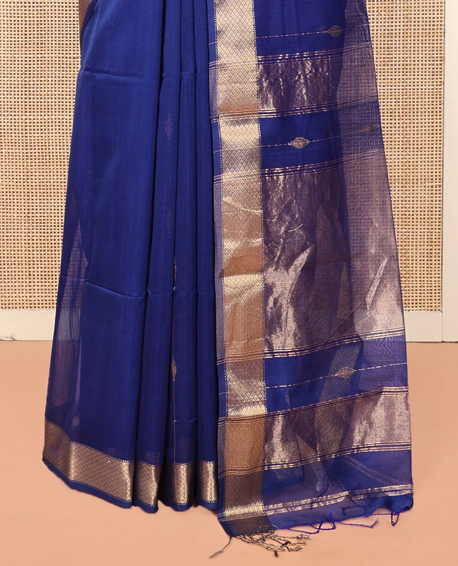 Blue Maheshwari Cotton Saree, Enthralled with Zari Stripes All Over Its Body, Highlighted by a Zari Border of Jaal Motifs, Pallu Steeped with Gleaming Zari Designs, and Paired with a Matching Blouse - Image 4