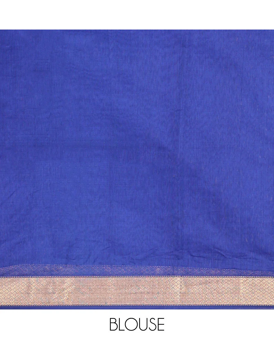 Blue Maheshwari Cotton Saree, Enthralled with Zari Stripes All Over Its Body, Highlighted by a Zari Border of Jaal Motifs, Pallu Steeped with Gleaming Zari Designs, and Paired with a Matching Blouse - Image 5