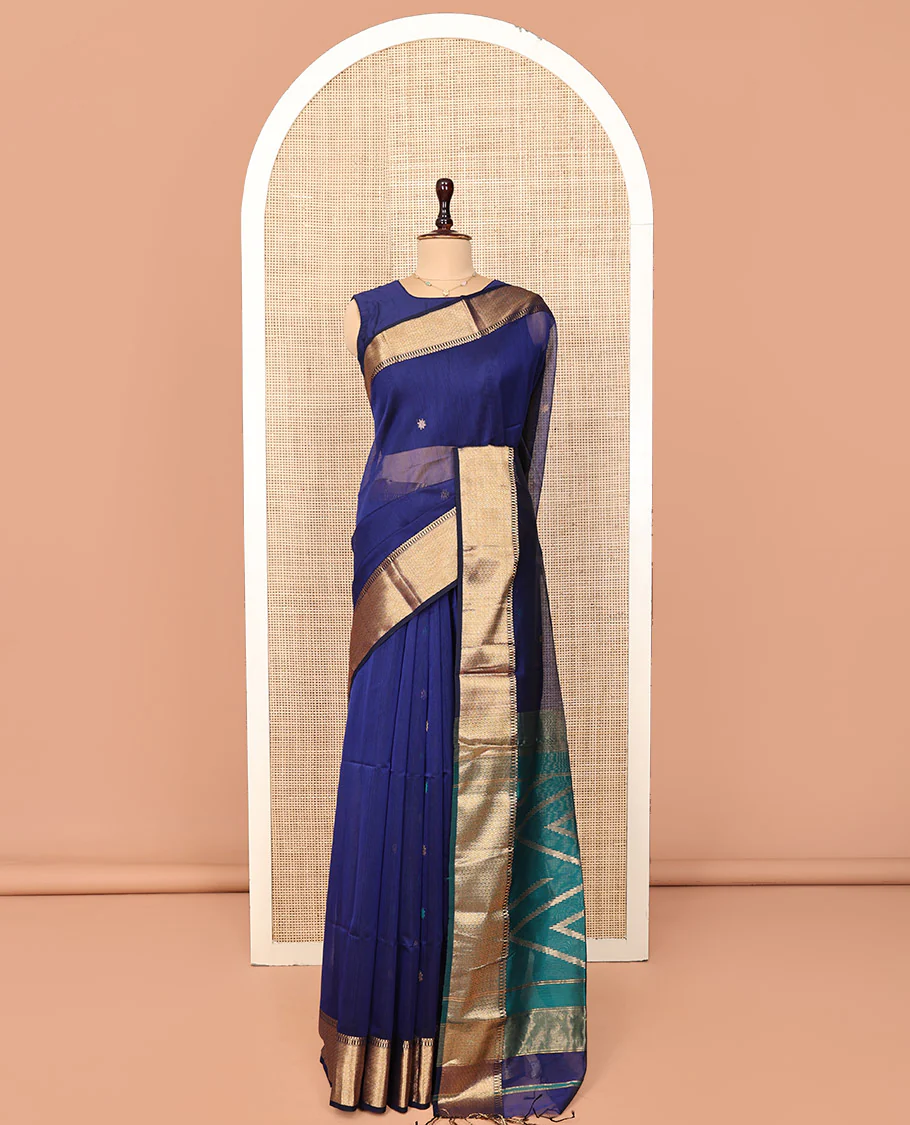 Blue Maheshwari Cotton Saree, Gleamed Up with Zari Buttas on Its Body, Highlighted by a Traditional Zari Design Border, Complemented by a Contrast Pallu of Chevron Designs, and Paired with a Contrast Blouse - Image 3