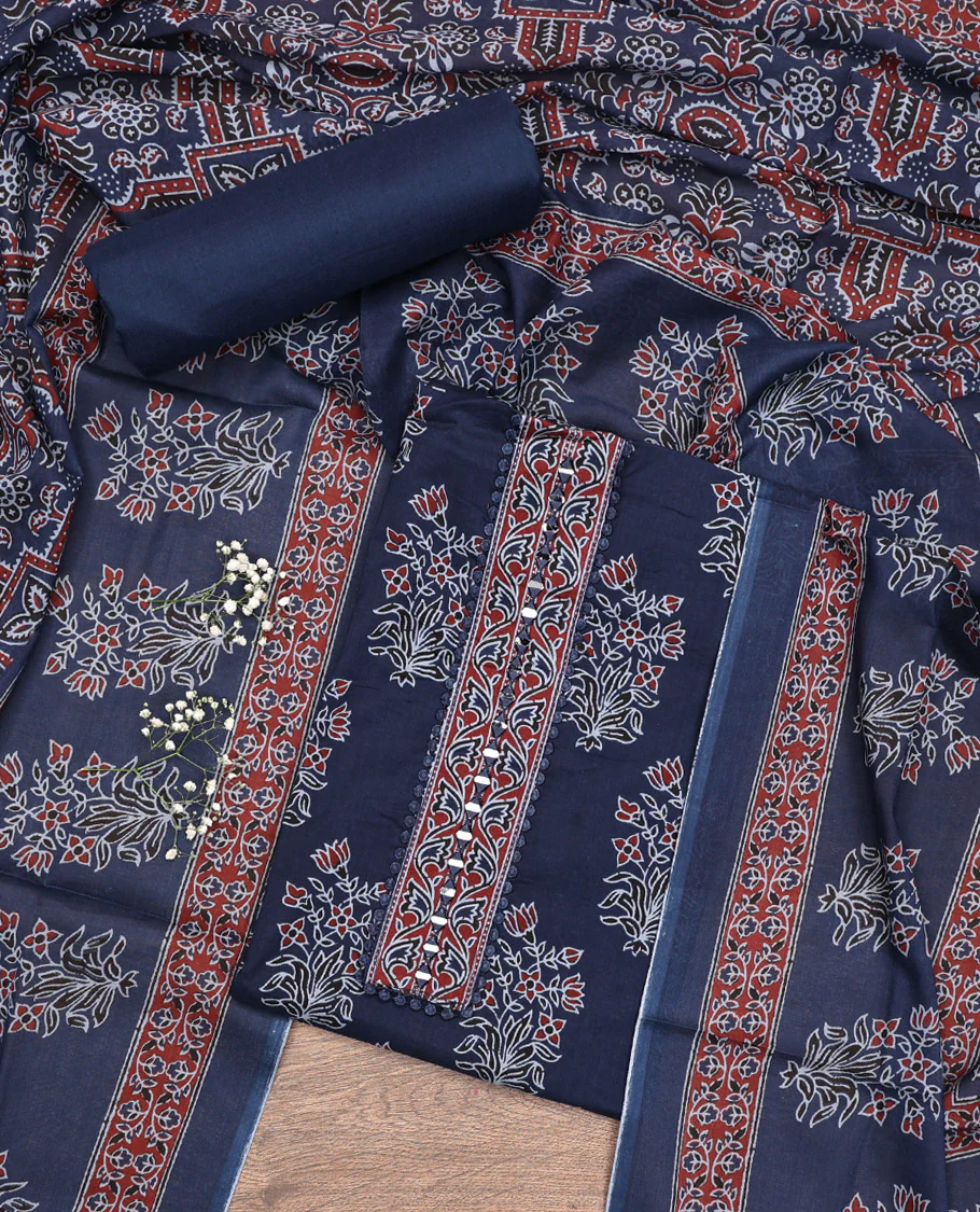 Blue Material Chudidar Set, Spotlighted with Floral Printed Cotton Top, a Plain Cotton Bottom, and Paired with a Ajrakh Printed Cotton Dupatta