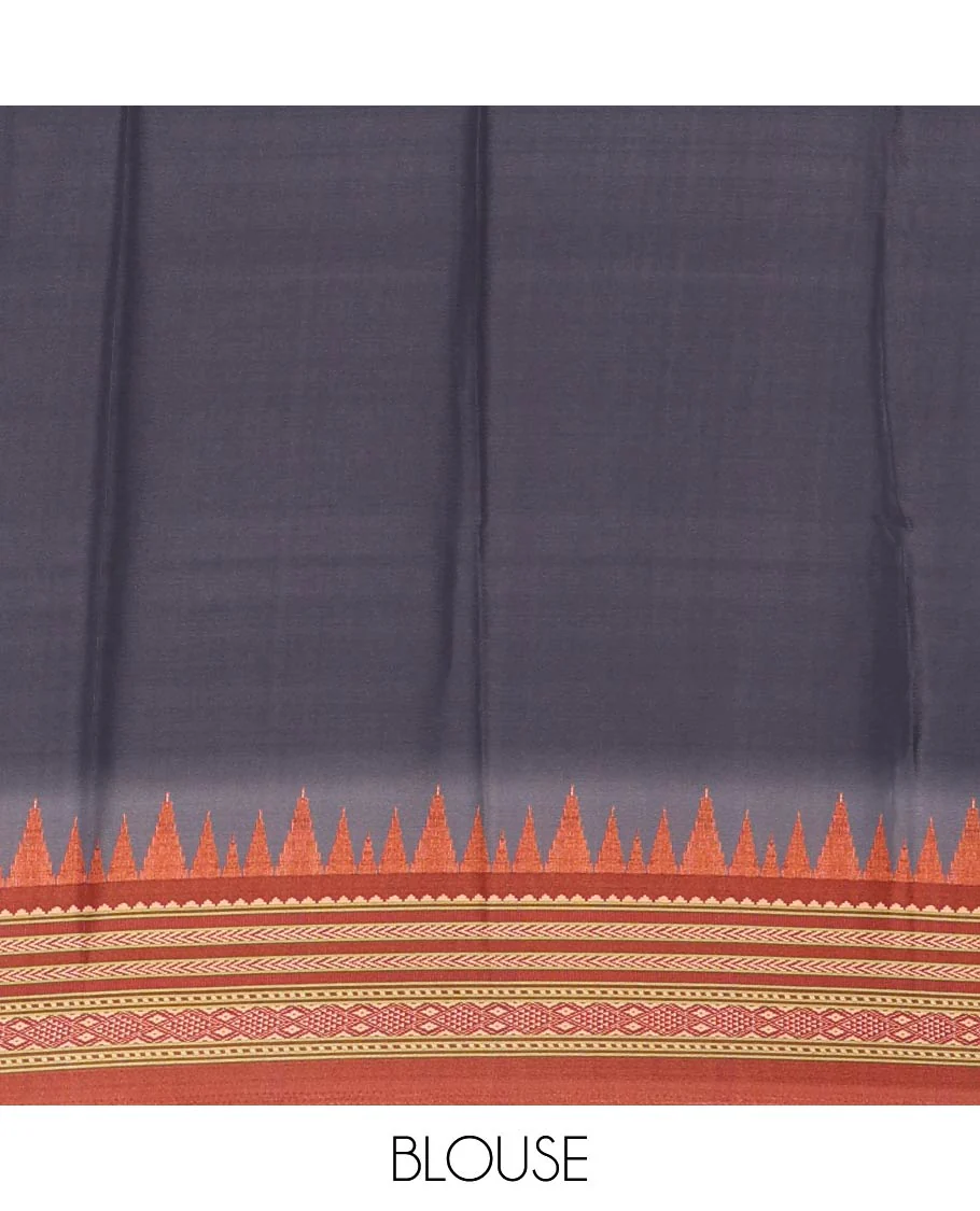 Blue patola style geometric printed Italian Crepe saree, contrast temple ikkat printed border, Kalamkari printed pallu, and a printed bordered blouse - Image 4