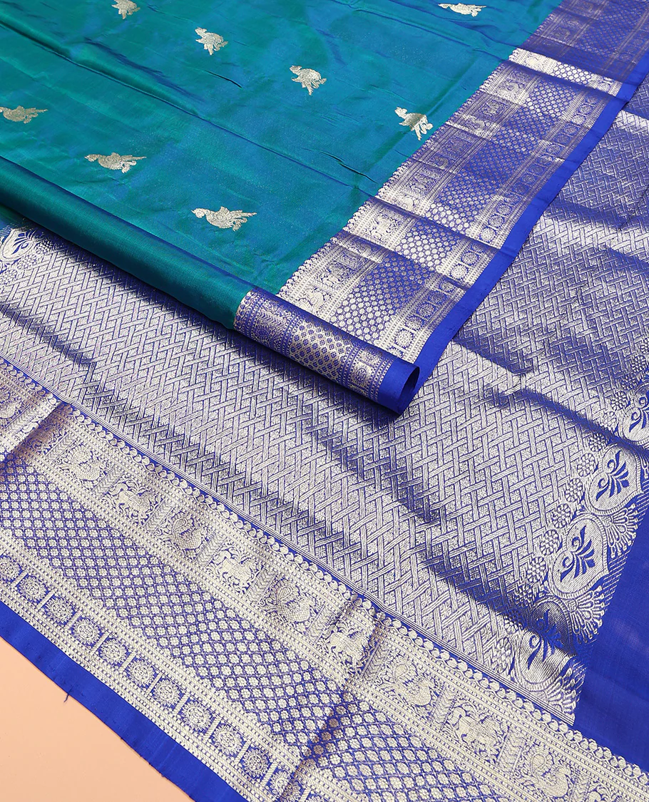 Blue peacock buttas Venkatagiri silk saree, contrast traditional zari design border, and zari-rich jaal pallu - Image 2