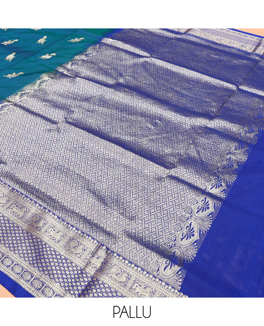 Blue peacock buttas Venkatagiri silk saree, contrast traditional zari design border, and zari-rich jaal pallu - Image 5
