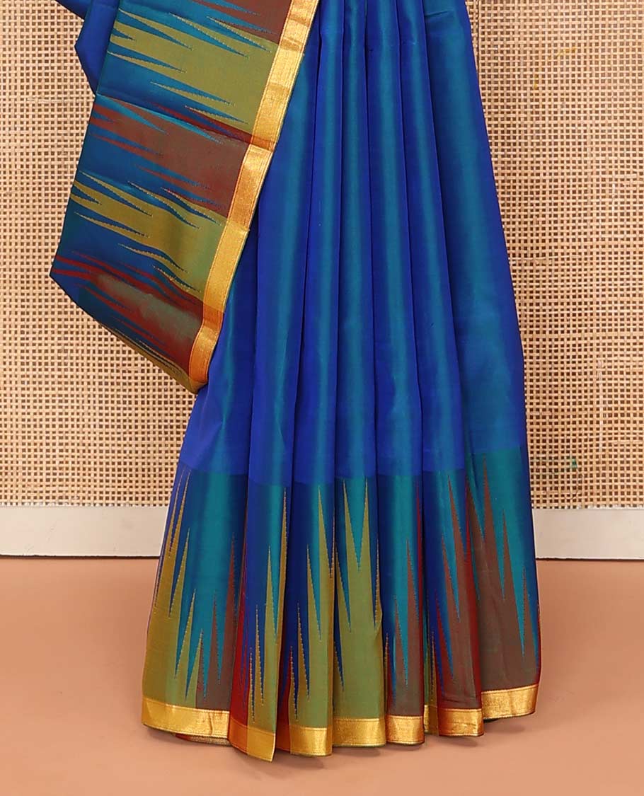 Blue plain Bangalore silk saree, contrast temple piping border, and zari-rich pallu of temple designs - Image 4