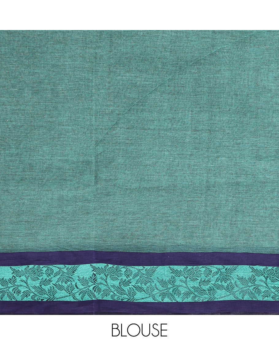 Blue Plain Bengal Cotton Saree, Complemented by a Contrast Floral Creeper Design Border, Pallu of Stripes, and Paired with a Matching Blouse - Image 3