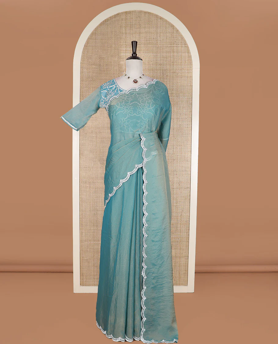Blue plain designer saree, scallop embroidered border, and a matching elbow sleeve blouse of floral vine in micro-stones - Image 2