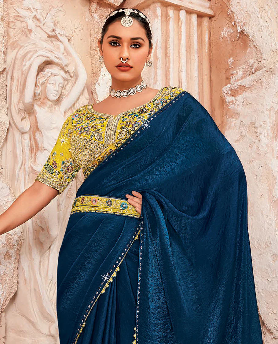 Blue Plain Designer Saree with Temple Lace Border, a Readymade Blouse, a Contrast Embroidered Belt, and a Pair of Free Embroidered Punjabi Shoes - Image 2