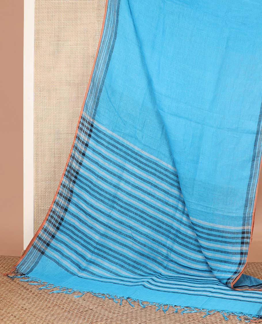 Blue plain linen cotton saree, self-striped border, and striped pallu - Image 2