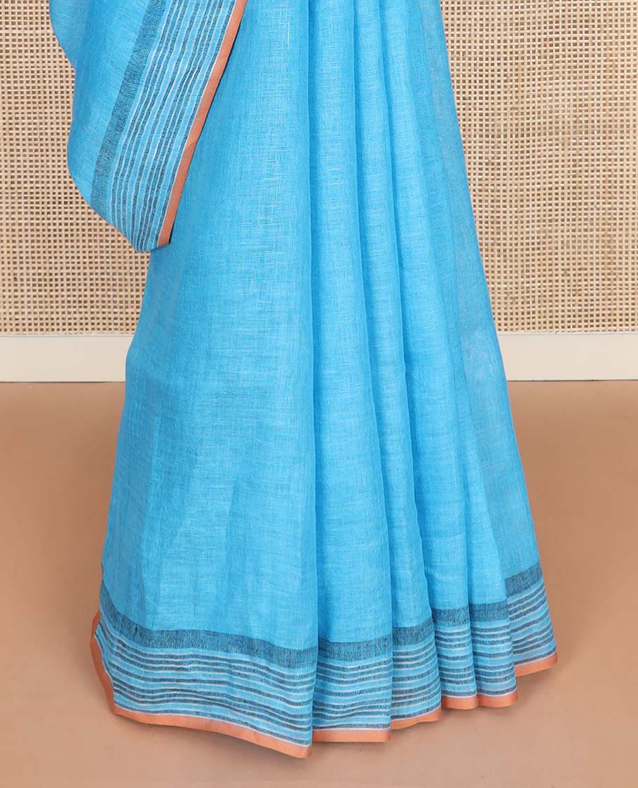 Blue plain linen cotton saree, self-striped border, and striped pallu - Image 4