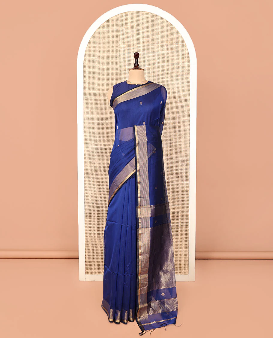 Blue Plain Maheshwari Cotton Saree, Mesmerized with Buttas All Over Its Body, Highlighted by a Zari Border of Traditional Designs, Gleaming Pallu Steeped with Zari Stripes, and Paired with a Matching Blouse - Image 3