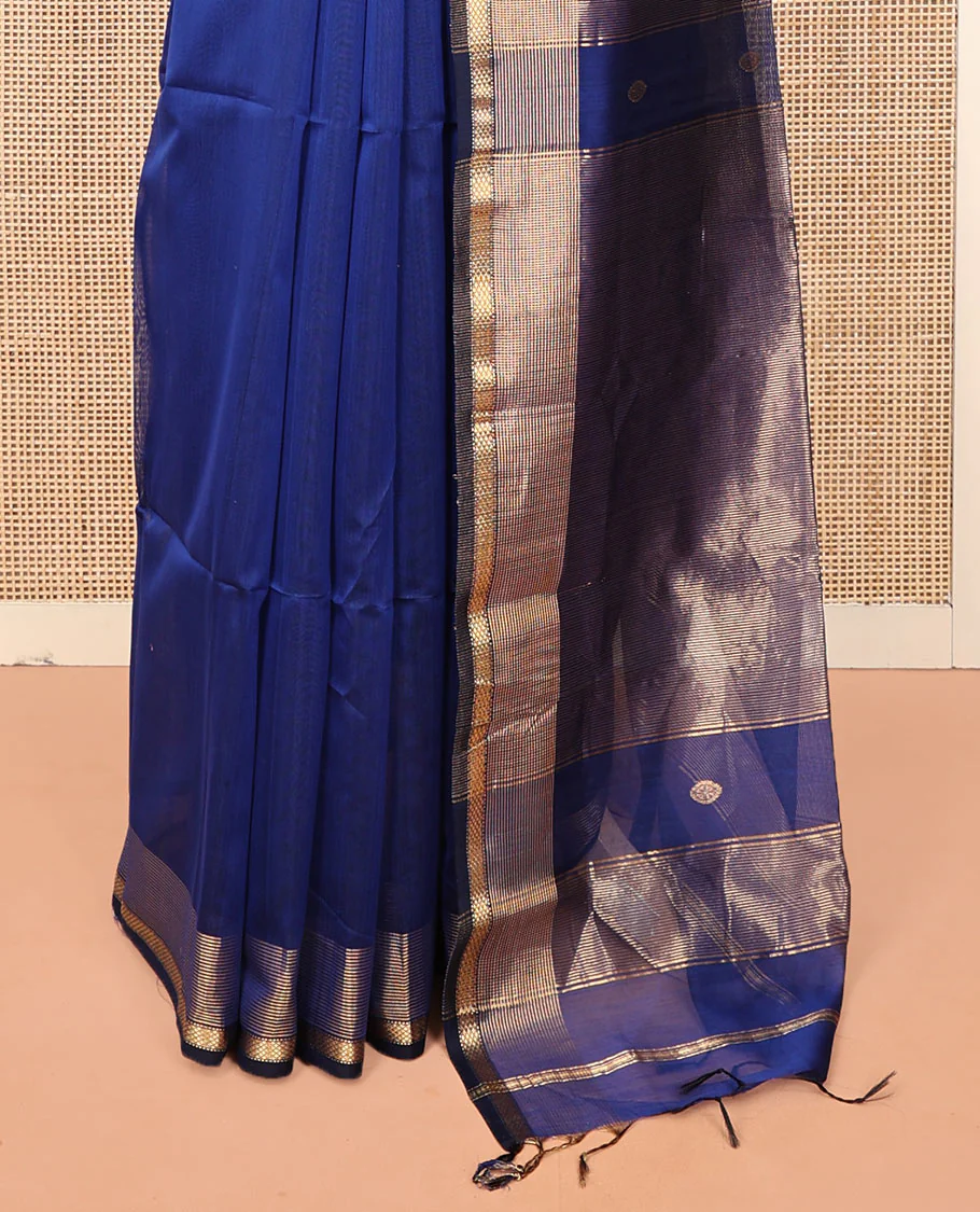 Blue Plain Maheshwari Cotton Saree, Mesmerized with Buttas All Over Its Body, Highlighted by a Zari Border of Traditional Designs, Gleaming Pallu Steeped with Zari Stripes, and Paired with a Matching Blouse - Image 4