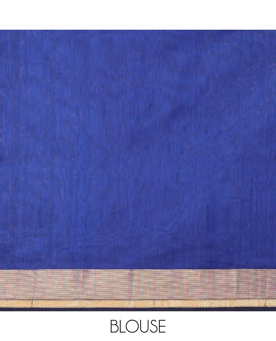 Blue Plain Maheshwari Cotton Saree, Mesmerized with Buttas All Over Its Body, Highlighted by a Zari Border of Traditional Designs, Gleaming Pallu Steeped with Zari Stripes, and Paired with a Matching Blouse - Image 5