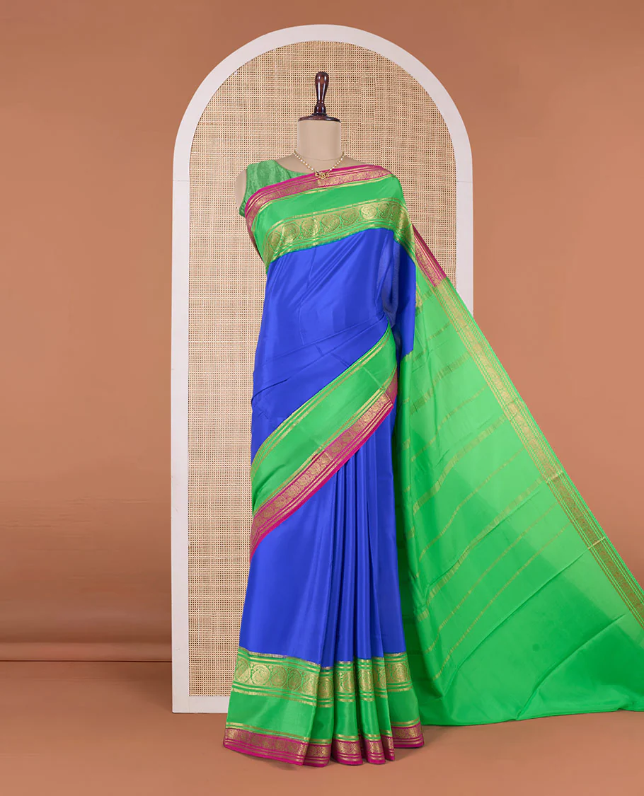 Blue plain Mysore silk saree, contrast traditional zari rettai pettu border, and zari striped pallu - Image 2