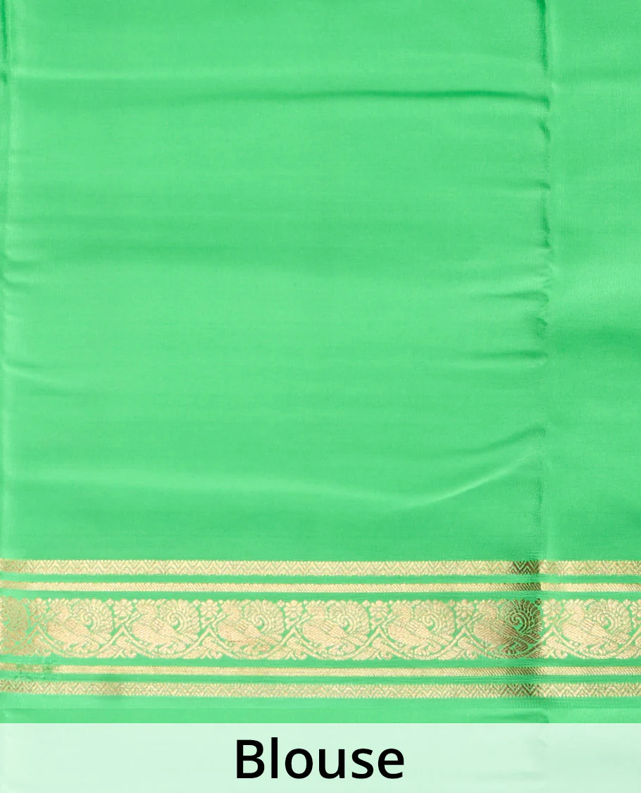 Blue plain Mysore silk saree, contrast traditional zari rettai pettu border, and zari striped pallu - Image 5