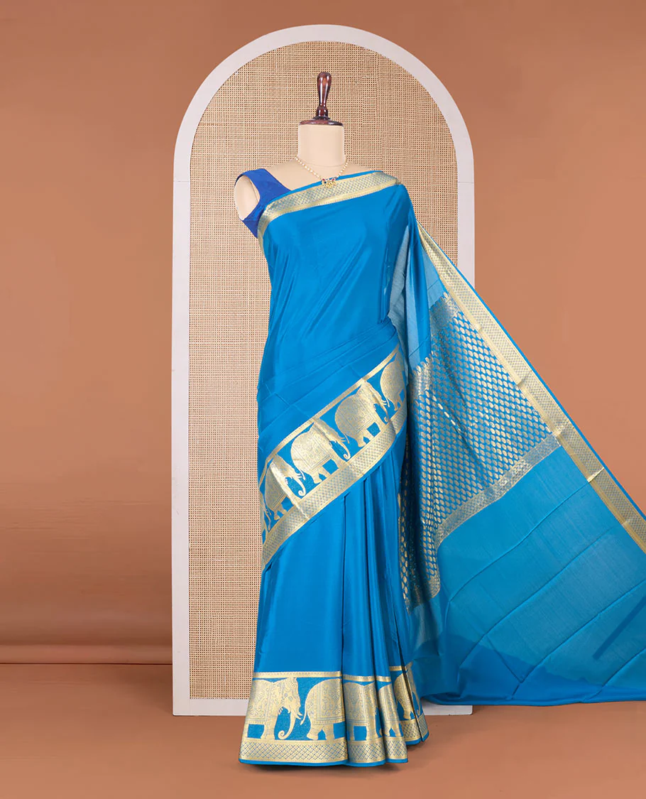 Blue plain Mysore silk saree, traditional zari border of elephant motifs in zari, and intricate pallu - Image 2