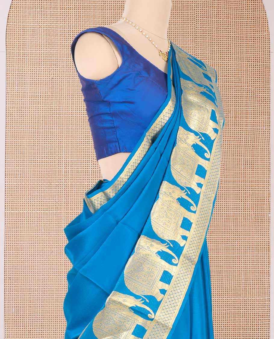 Blue plain Mysore silk saree, traditional zari border of elephant motifs in zari, and intricate pallu - Image 3