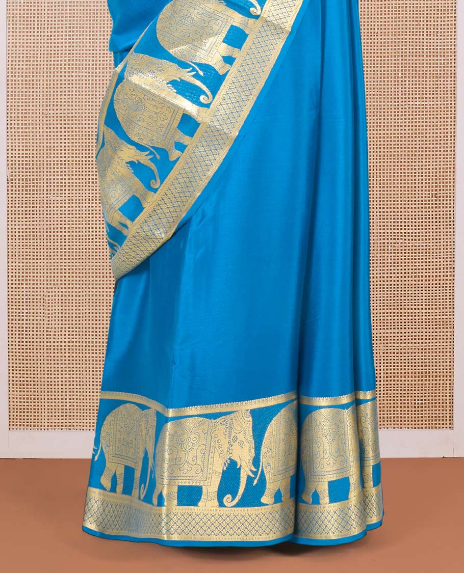 Blue plain Mysore silk saree, traditional zari border of elephant motifs in zari, and intricate pallu - Image 4