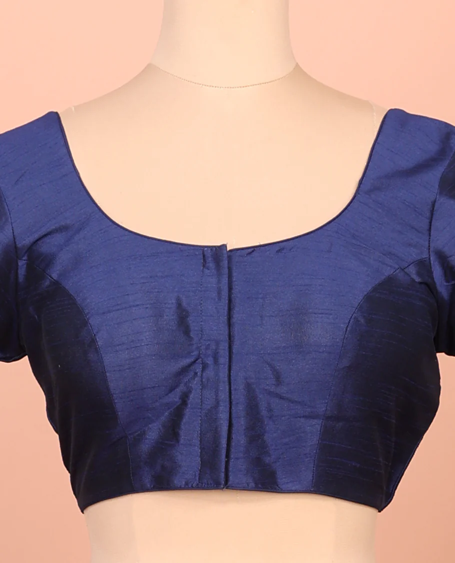 Blue Plain Readymade Blouse Featuring a Front Round-Neck, Back Round-Neck, and Elbow Sleeves - Image 3