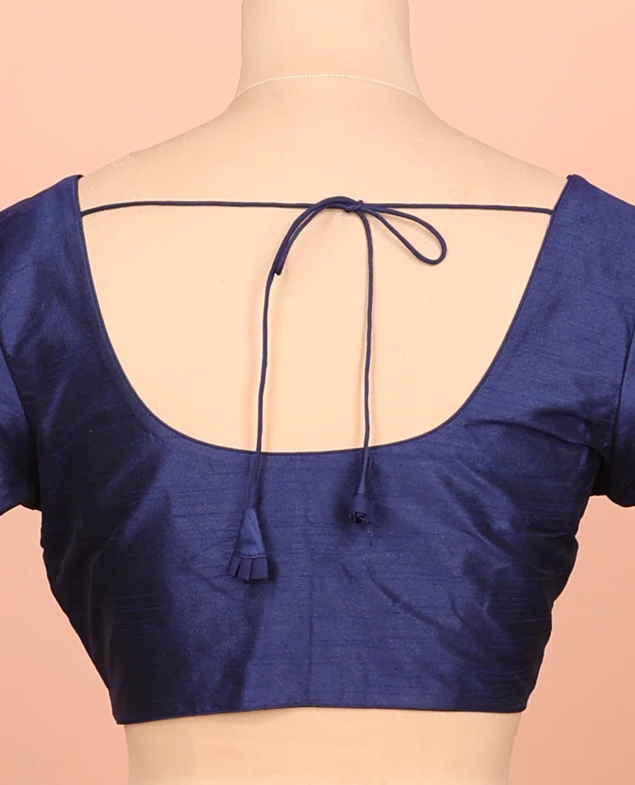 Blue Plain Readymade Blouse Featuring a Front Round-Neck, Back Round-Neck, and Elbow Sleeves - Image 4