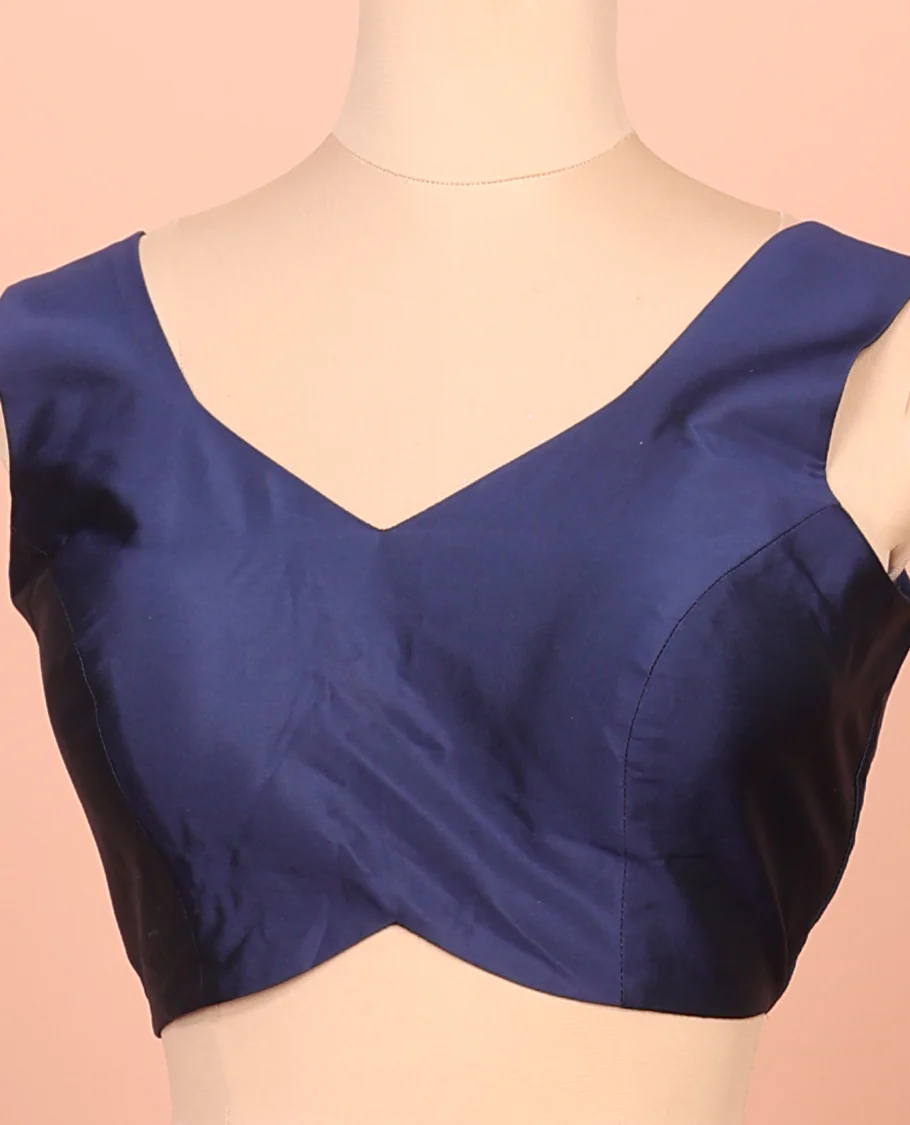 Blue Plain Readymade Blouse Featuring a Front V-Neck, Back Deep V-Neck, and Sleeveless - Image 3
