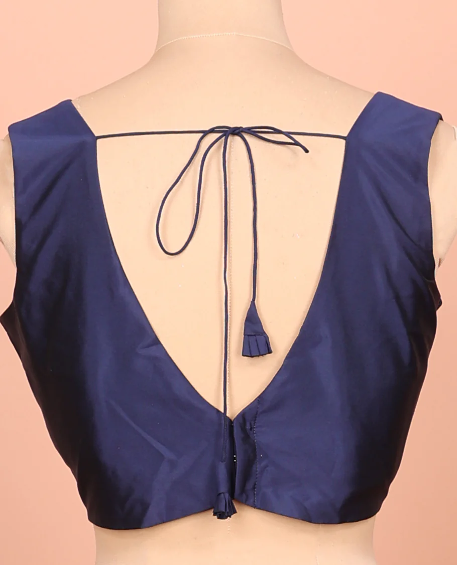 Blue Plain Readymade Blouse Featuring a Front V-Neck, Back Deep V-Neck, and Sleeveless - Image 4