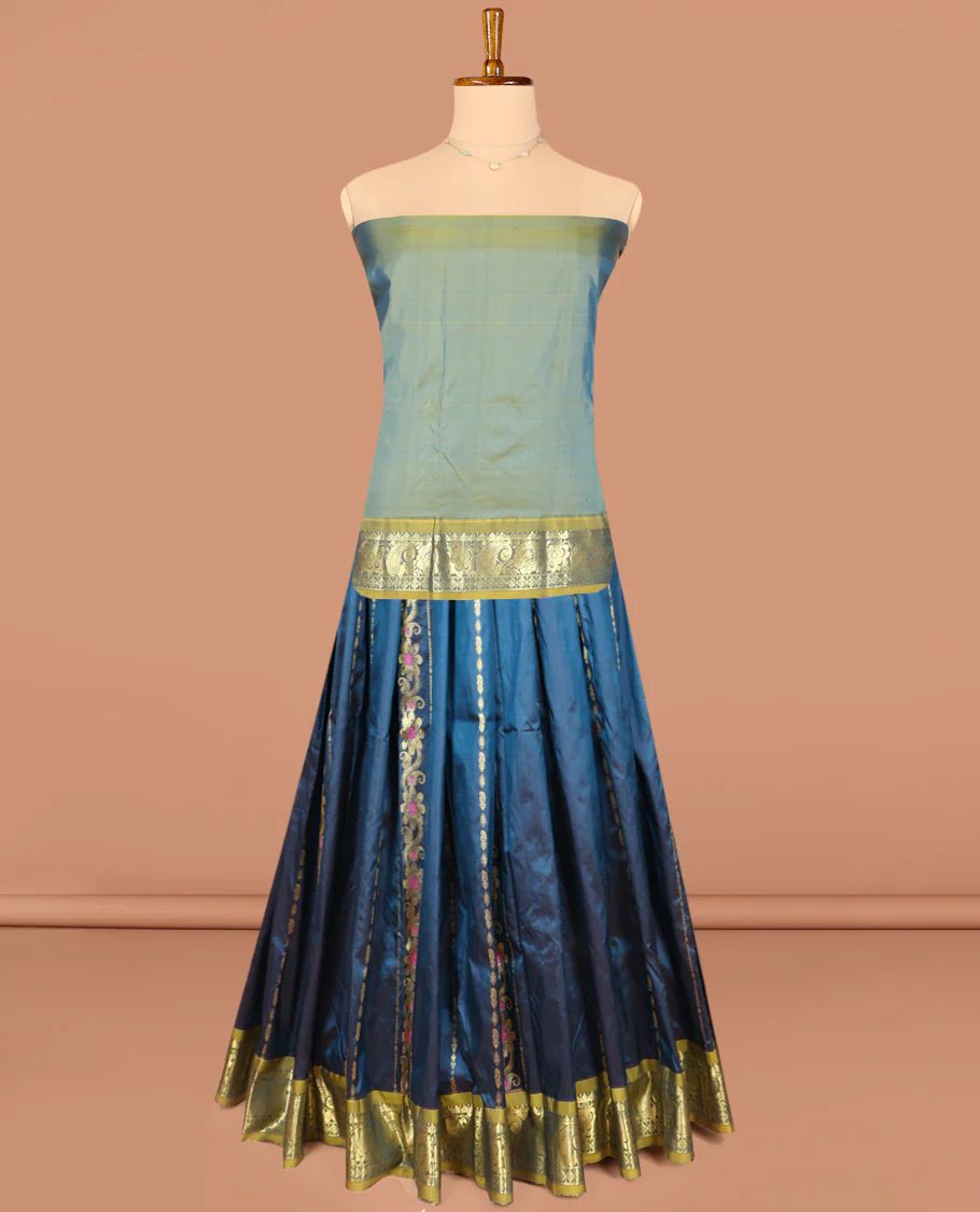 Blue Pure Silk Half-Saree, Adorned with Zari Designs on Its Body, Complemented by a Contrast Floral and Paisley Design Border, Complemented by a Contrast Blouse, and Paired with a Contrast Dhavani of Leaf-Paisley Designs - Image 3