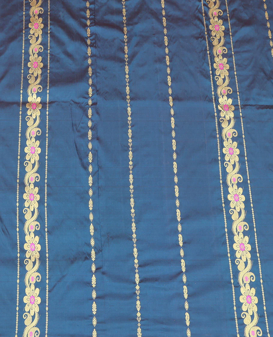 Blue Pure Silk Half-Saree, Adorned with Zari Designs on Its Body, Complemented by a Contrast Floral and Paisley Design Border, Complemented by a Contrast Blouse, and Paired with a Contrast Dhavani of Leaf-Paisley Designs - Image 4