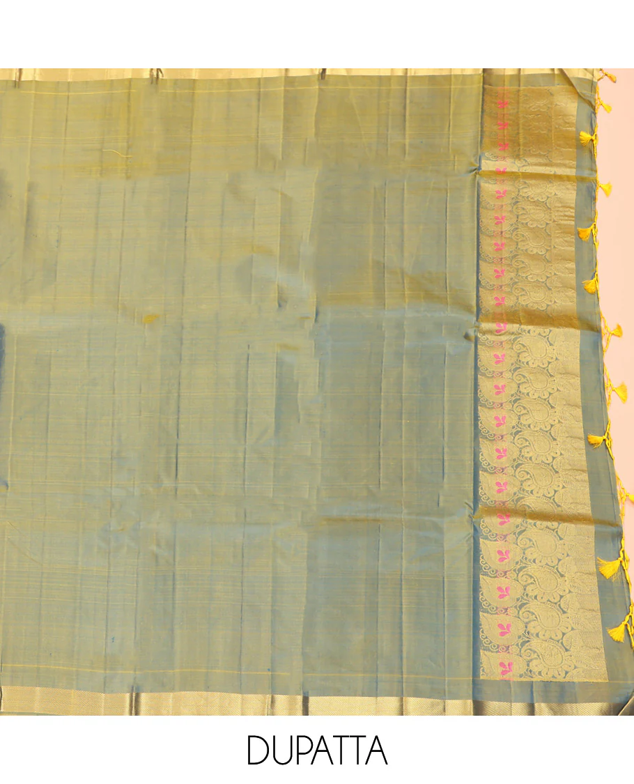 Blue Pure Silk Half-Saree, Adorned with Zari Designs on Its Body, Complemented by a Contrast Floral and Paisley Design Border, Complemented by a Contrast Blouse, and Paired with a Contrast Dhavani of Leaf-Paisley Designs - Image 6