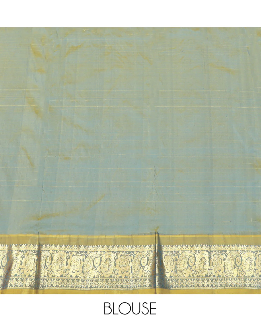 Blue Pure Silk Half-Saree, Adorned with Zari Designs on Its Body, Complemented by a Contrast Floral and Paisley Design Border, Complemented by a Contrast Blouse, and Paired with a Contrast Dhavani of Leaf-Paisley Designs - Image 7