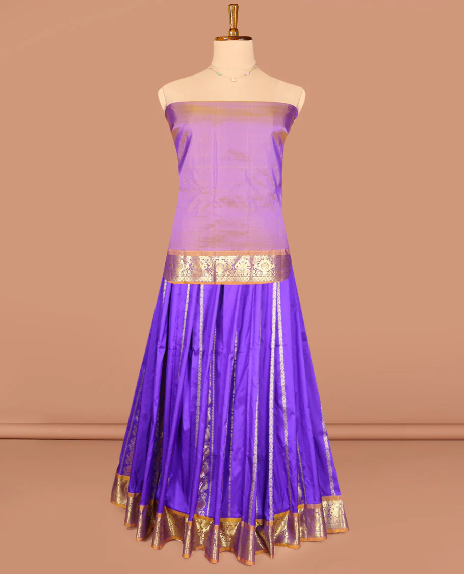 Blue Pure Silk Half-Saree, Decorated with Zari Designs on Its Body, Complemented by a Contrast Floral Design Border, Complemented by a Contrast Blouse, and Paired with a Contrast Dhavani of Annam Chakram Designs - Image 3