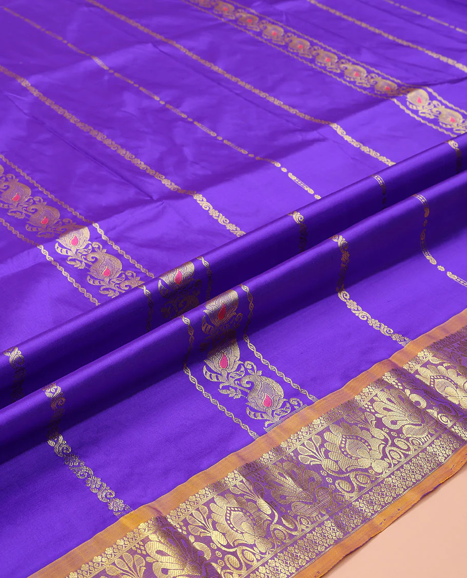 Blue Pure Silk Half-Saree, Decorated with Zari Designs on Its Body, Complemented by a Contrast Floral Design Border, Complemented by a Contrast Blouse, and Paired with a Contrast Dhavani of Annam Chakram Designs - Image 5