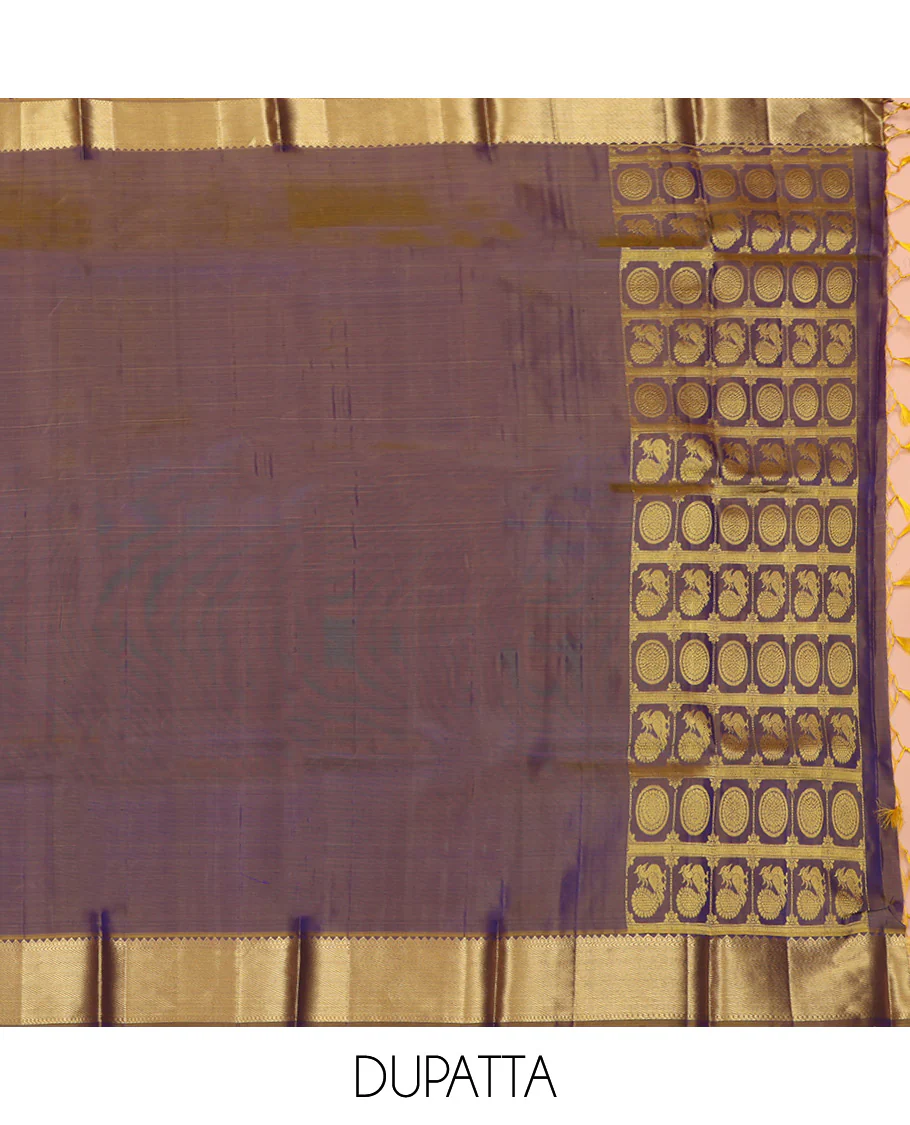 Blue Pure Silk Half-Saree, Decorated with Zari Designs on Its Body, Complemented by a Contrast Floral Design Border, Complemented by a Contrast Blouse, and Paired with a Contrast Dhavani of Annam Chakram Designs - Image 6