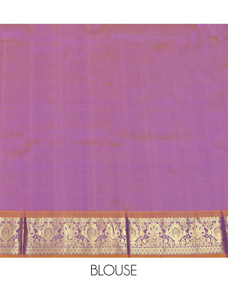 Blue Pure Silk Half-Saree, Decorated with Zari Designs on Its Body, Complemented by a Contrast Floral Design Border, Complemented by a Contrast Blouse, and Paired with a Contrast Dhavani of Annam Chakram Designs - Image 7