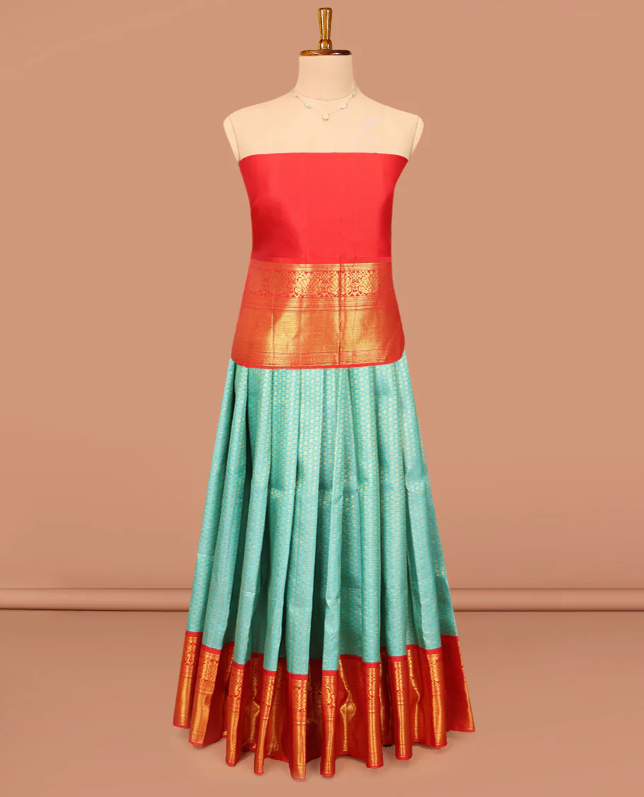 Blue Pure Silk Half-Saree, Gleamed Up with Zari Buttas on Its Skirt, Complemented by a Contrast Border Featuring Kodi Visiry, Neli, Muthu, and Jaal Designs, Comes with a Contrast Blouse and a Dhavani of Jaal Designs - Image 3