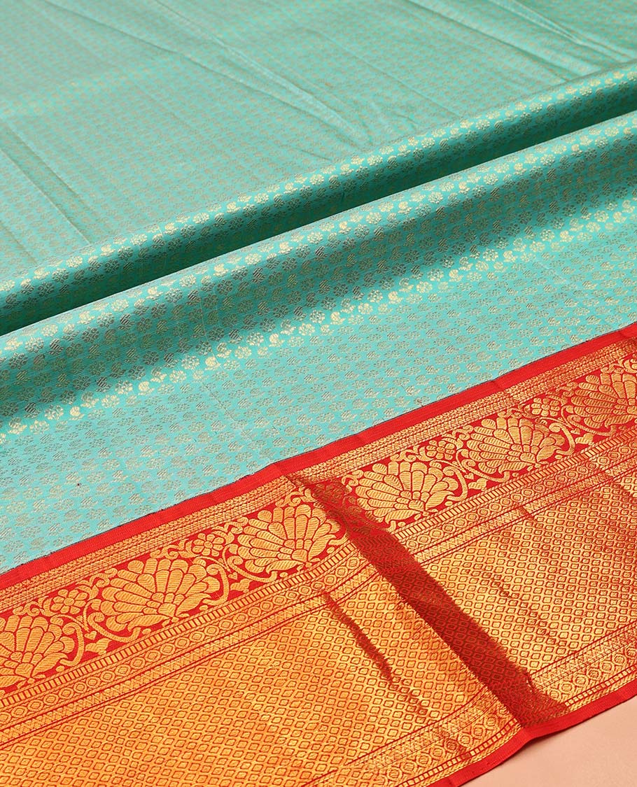Blue Pure Silk Half-Saree, Gleamed Up with Zari Buttas on Its Skirt, Complemented by a Contrast Border Featuring Kodi Visiry, Neli, Muthu, and Jaal Designs, Comes with a Contrast Blouse and a Dhavani of Jaal Designs - Image 5
