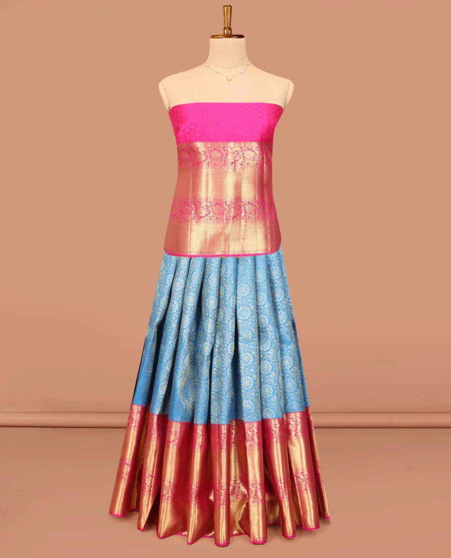 Blue Pure Silk Half-Saree, Richly Detailed with Jacquard Design on Its Skirt, Complemented by a Contrast Border of Kodi Visiry and Laddu Kamalam Designs, Comes with a Contrast Blouse and a Dhavani of Intricate Designs - Image 3