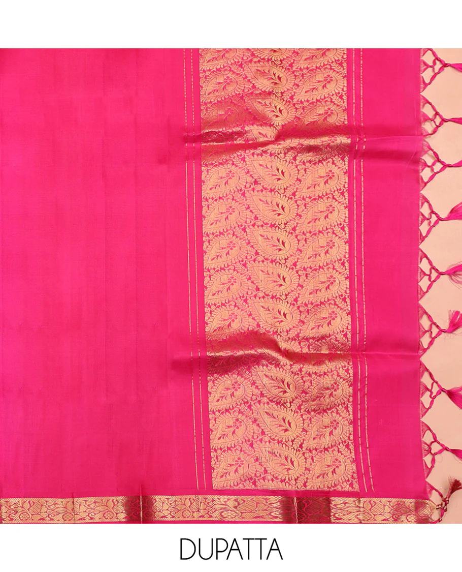 Blue Pure Silk Half-Saree, Richly Detailed with Jacquard Design on Its Skirt, Complemented by a Contrast Border of Kodi Visiry and Laddu Kamalam Designs, Comes with a Contrast Blouse and a Dhavani of Intricate Designs - Image 6