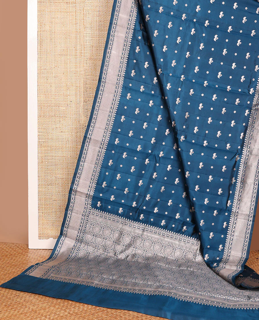 Blue raw mango silk saree with swan & flower buttas, traditional zari border & floral design pallu - Image 3