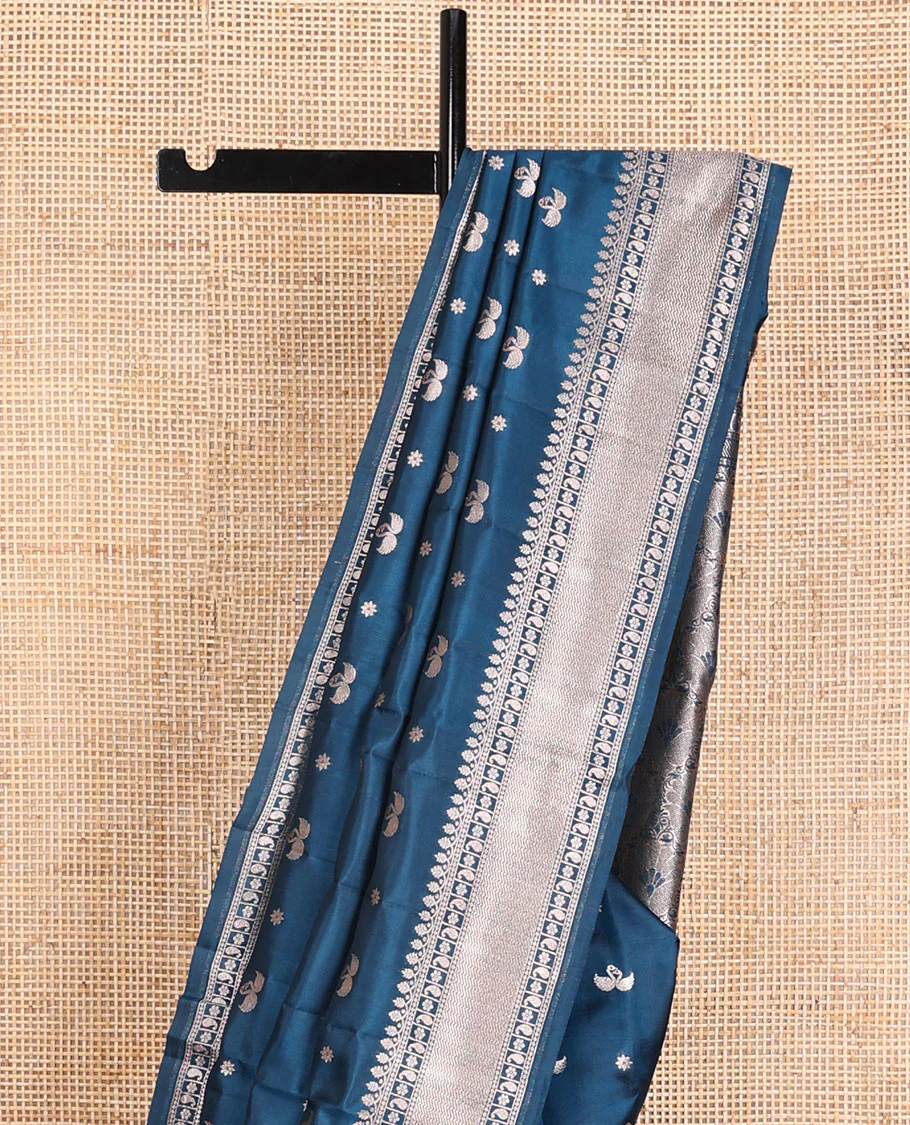 Blue raw mango silk saree with swan & flower buttas, traditional zari border & floral design pallu - Image 4