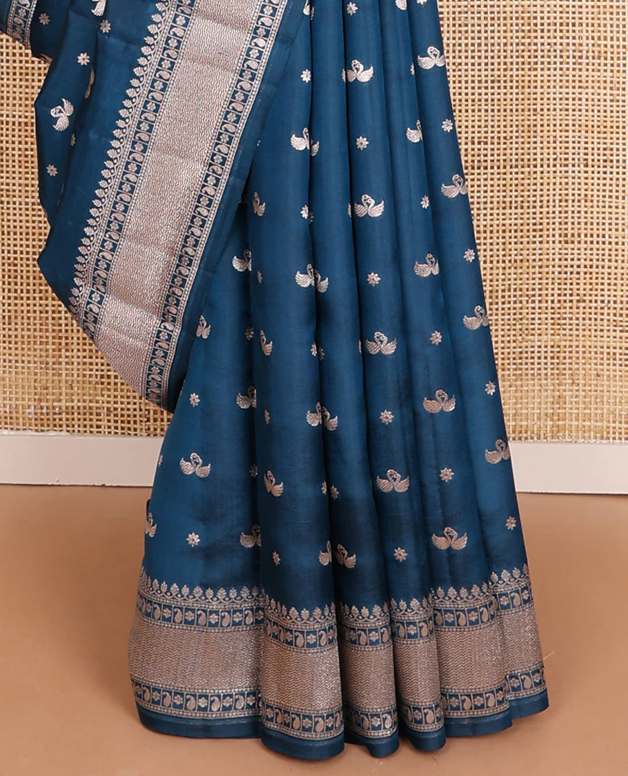 Blue raw mango silk saree with swan & flower buttas, traditional zari border & floral design pallu - Image 5